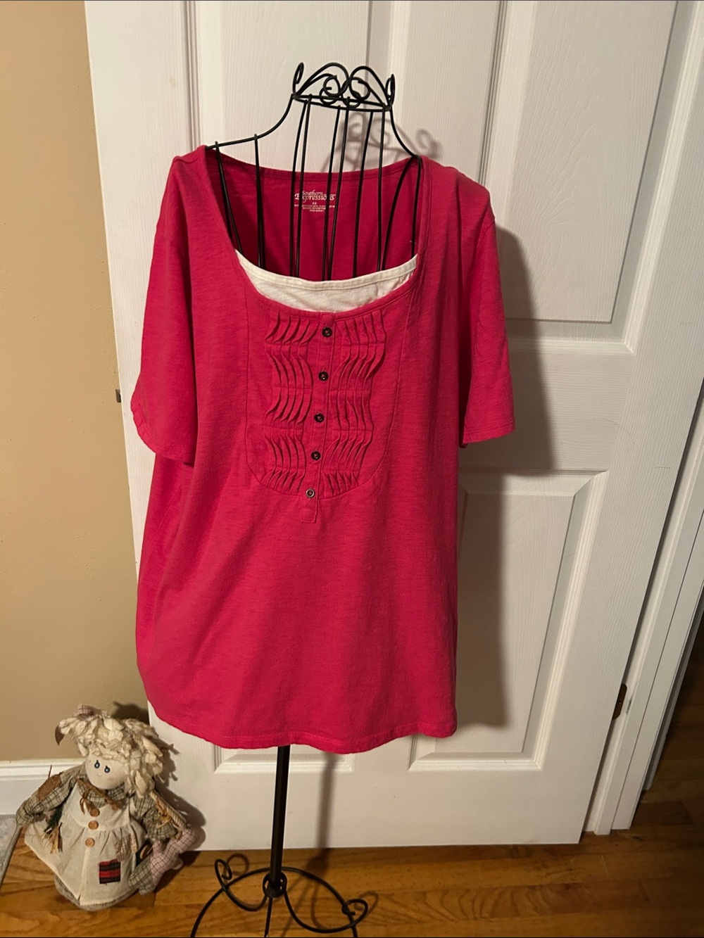 Women's Bright Pink Layered Scoop Neck Tee with Pintuck Button Detail